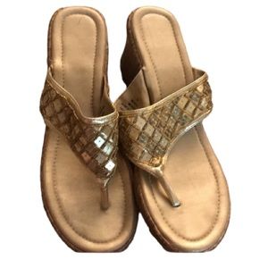 Gold sequin size 10 wedge’s with seed beads and square sequins,Cork heel